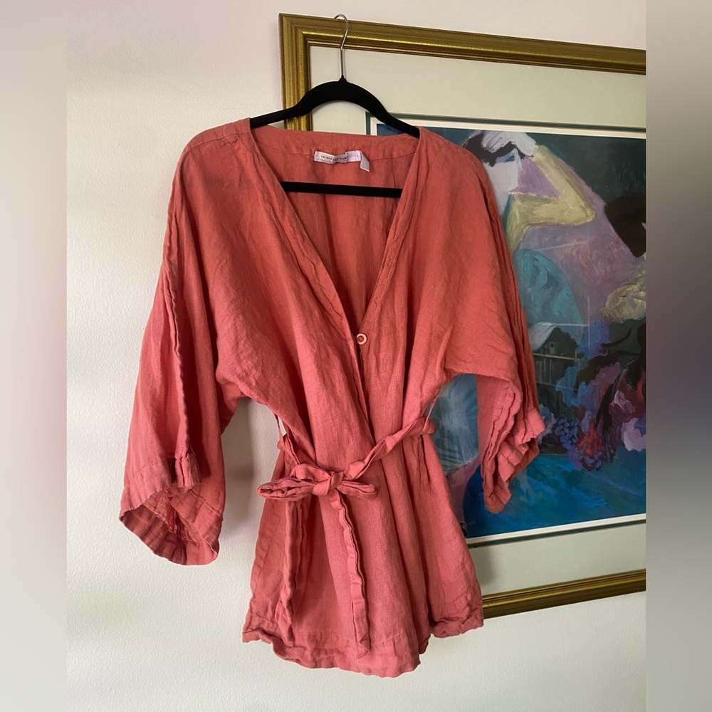 Frances Hart Maternity Coral Rose Linen Bell Sleeve Tie Blouse Small Boho